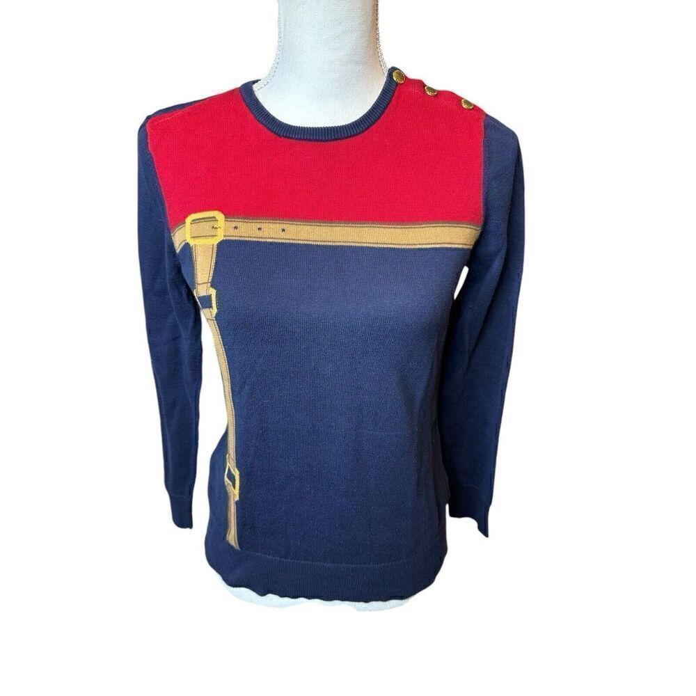 Lauren Ralph Lauren Women’s Equestrian Belt Buckle Sweater Red Navy Blue Crew S